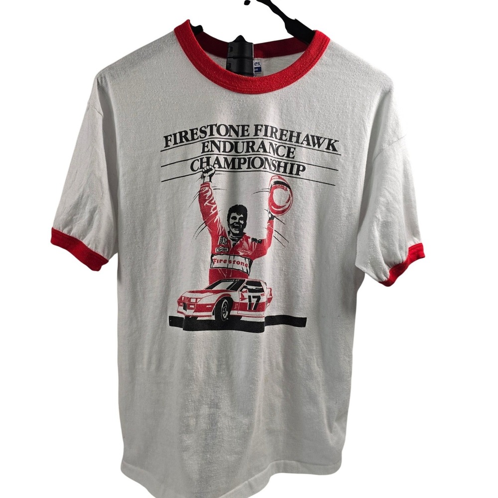 Vintage 1988 Firestone Firehawk Watkins Glen Race Worker Ringer T-Shirt Hanes XL
